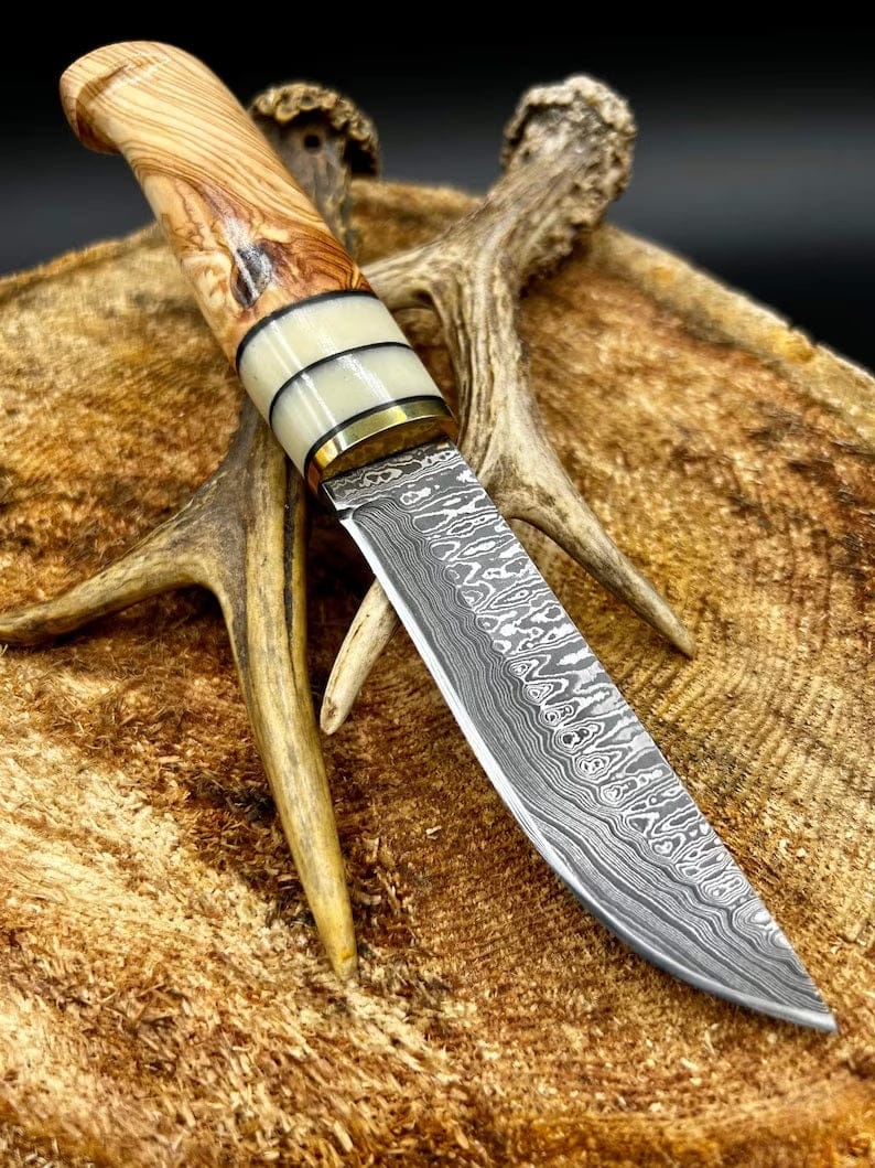 KBS Knives Store Hunting Knife Custom Handmade Damascus Hunting Camping Knife with Bone, Olive Wood, and Brass Bolster Handle
