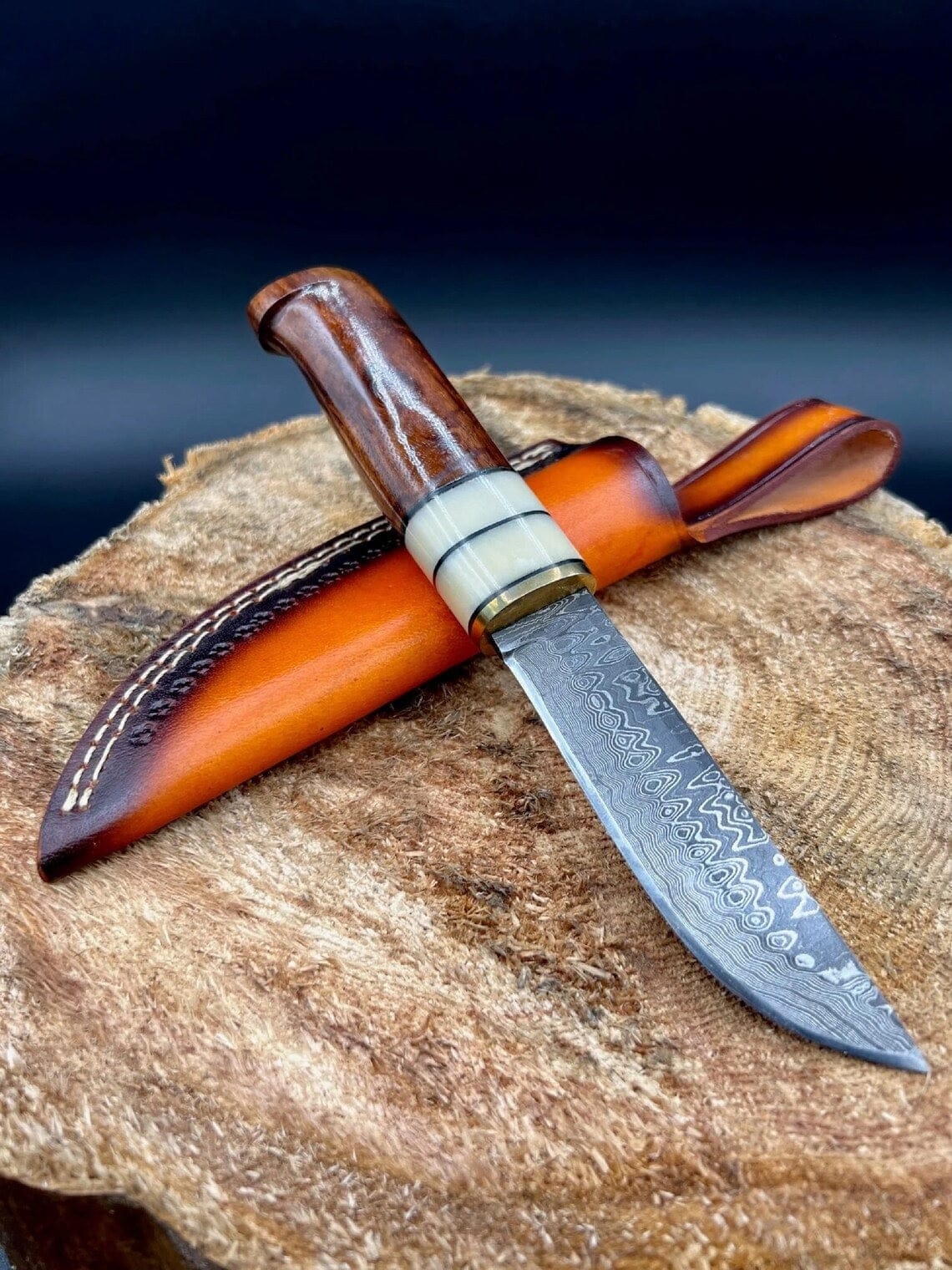 KBS Knives Store Hunting Knife Custom Handmade Damascus Hunting Camping Knife with Bone, Rosewood, and Brass Bolster Handle