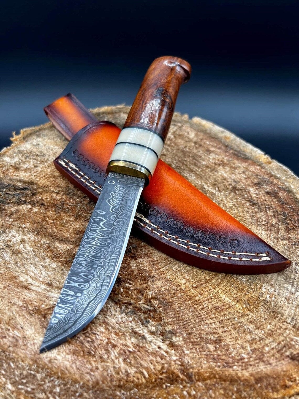 KBS Knives Store Hunting Knife Custom Handmade Damascus Hunting Camping Knife with Bone, Rosewood, and Brass Bolster Handle