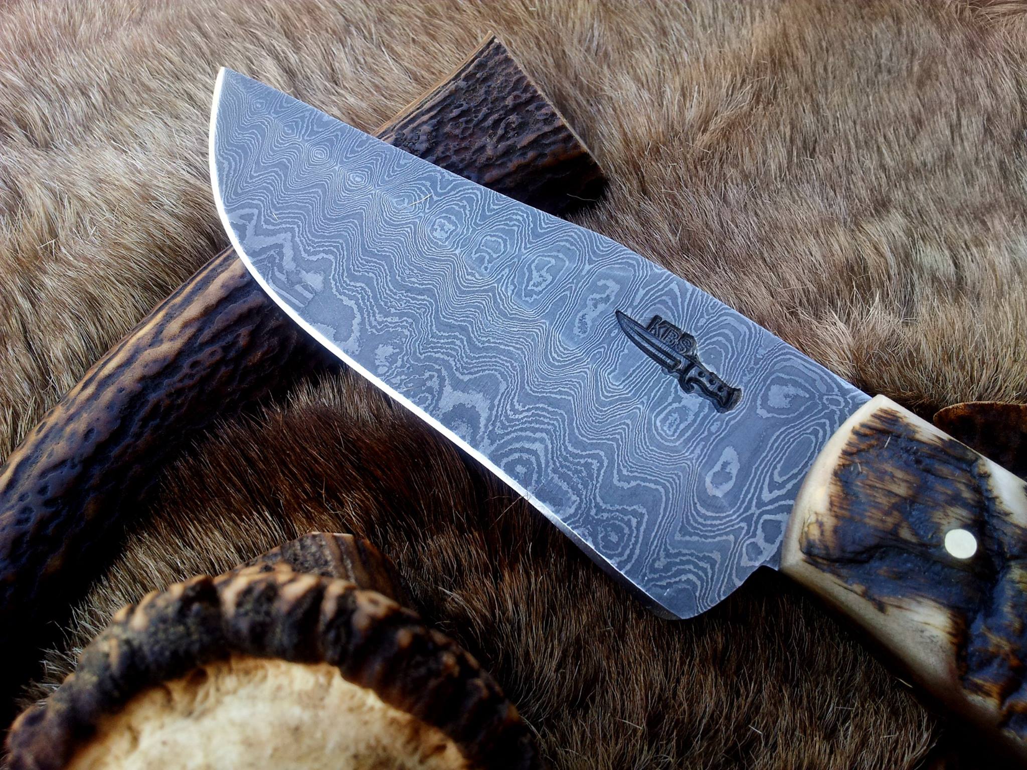 KBS Knives Store Hunting Knife Custom Handmade Damascus Hunting Knife | Full Tang Damascus Steel with Sheep Horn Handle | 9.5 Inches | Leather Sheath | KBS Knives
