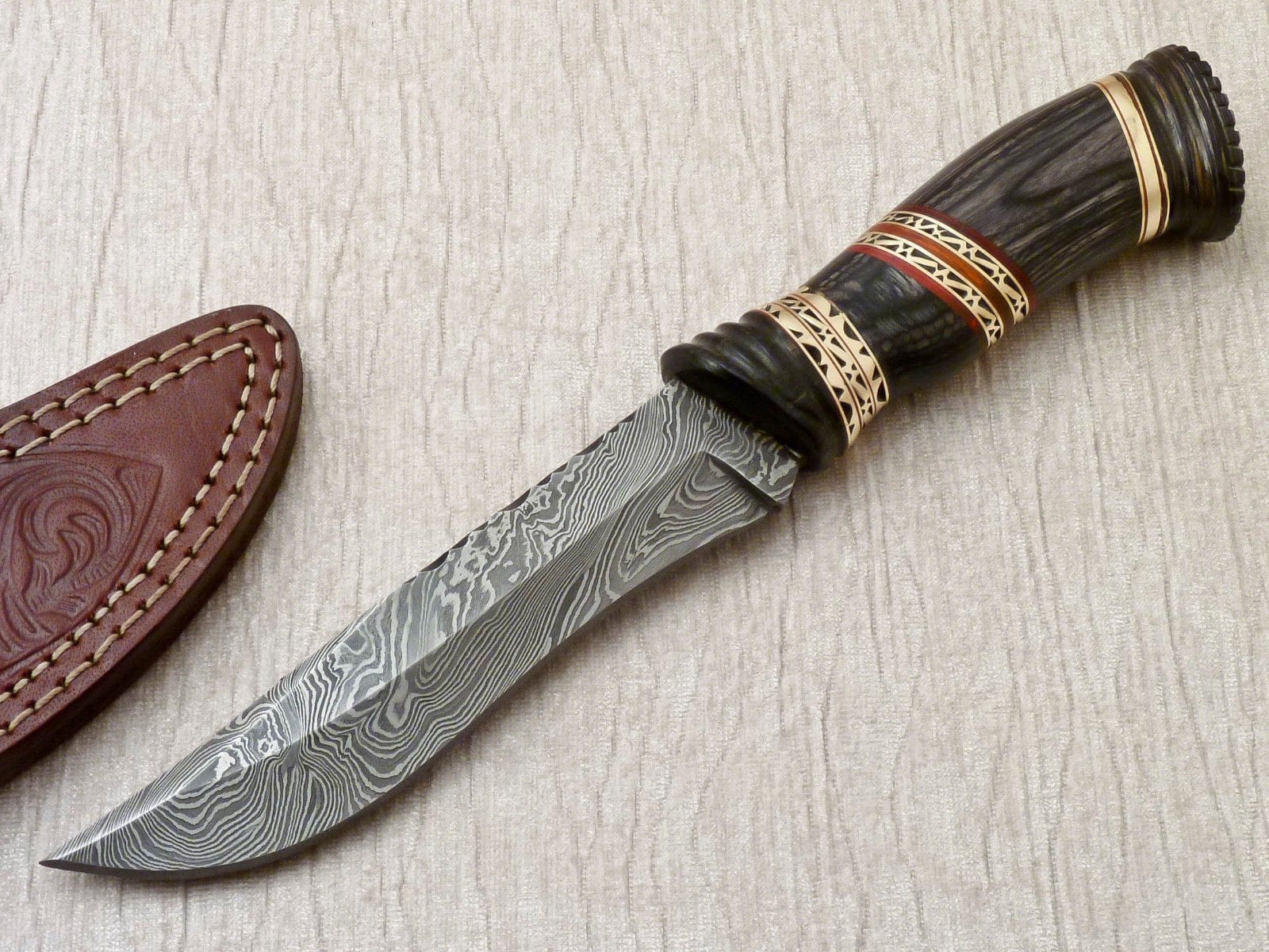KBS Knives Store Hunting Knife Custom Handmade Damascus Hunting Knife with Leather Sheath