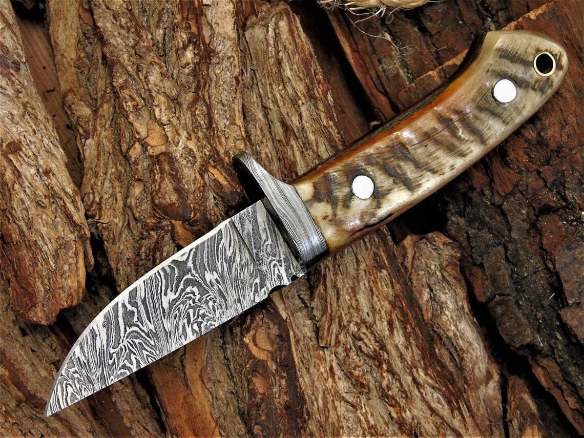KBS Knives Store Hunting Knife Custom Handmade Damascus Steel Blade Skinning Knife with Sheep Horn Handle, 8-Inch Overall Length, and Leather Sheath - Perfect for Hunters