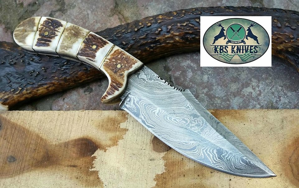KBS Knives Store Hunting Knife Custom Handmade Damascus Steel Deer Antler Horn Knife