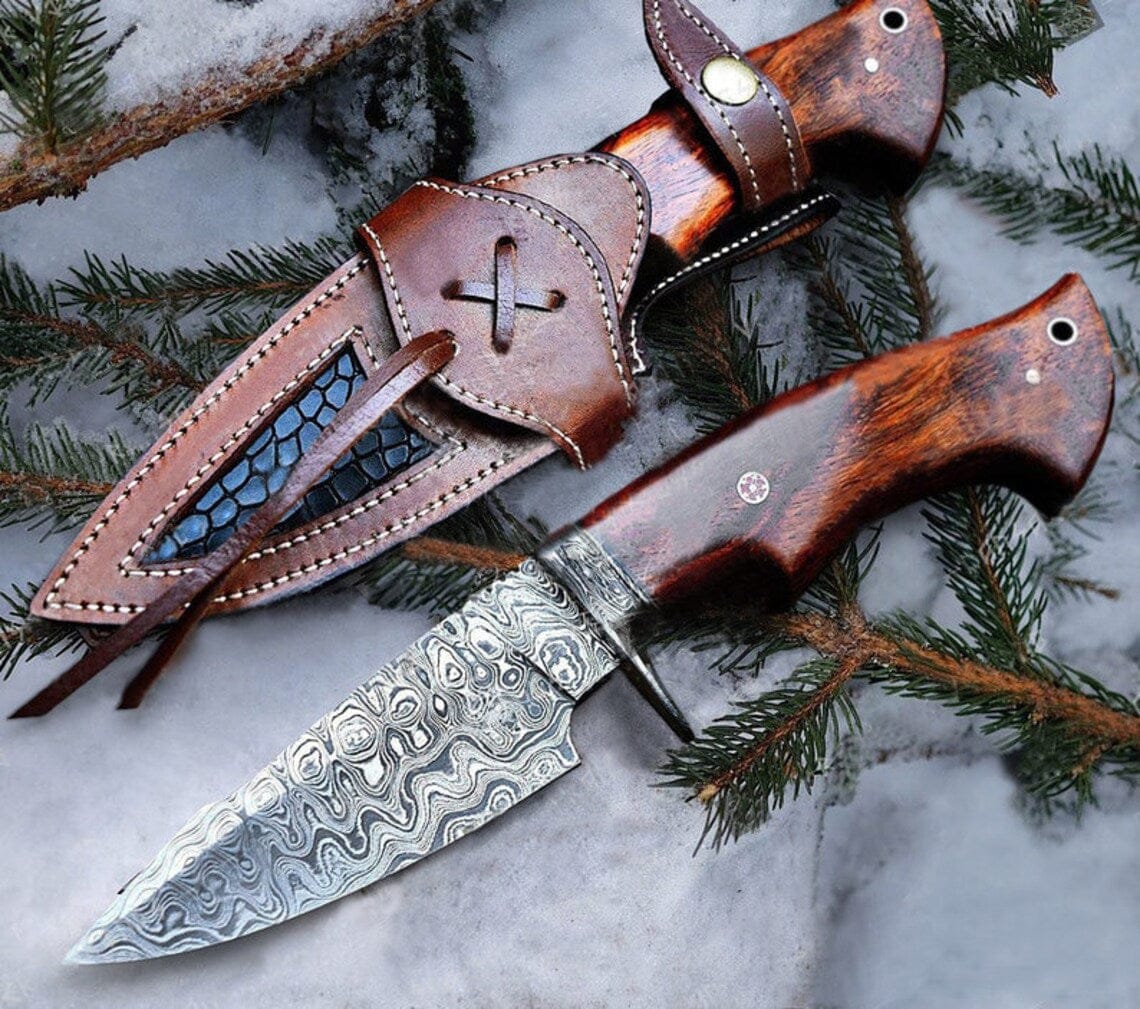 KBS Knives Store Hunting Knife "Custom Handmade Damascus Steel Hunting Camping Knife | Rosewood-Damascus Guard Handle | 9.5 Inches | Leather Sheath | KBS Knives Store"