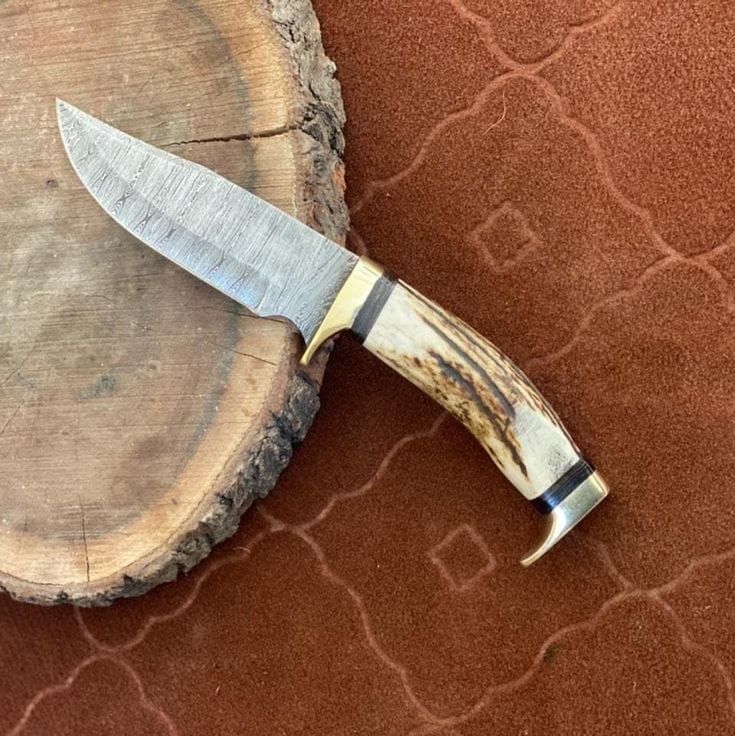 KBS Knives Store Hunting Knife Custom Handmade Damascus Steel Hunting Knife with Antler Horn Handle & Brass Guards – 10" | KBS Knives