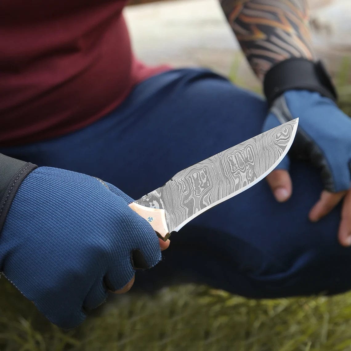 KBS Knives Store Hunting Knife Custom Handmade Damascus Steel Hunting Knife with Epoxy Pearl Resin Handle, Leather Sheath and Rosewood & Brass Bolster by KBS Knives Store
