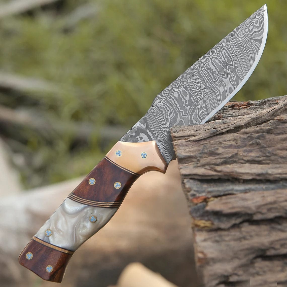 KBS Knives Store Hunting Knife Custom Handmade Damascus Steel Hunting Knife with Epoxy Pearl Resin Handle, Leather Sheath and Rosewood & Brass Bolster by KBS Knives Store