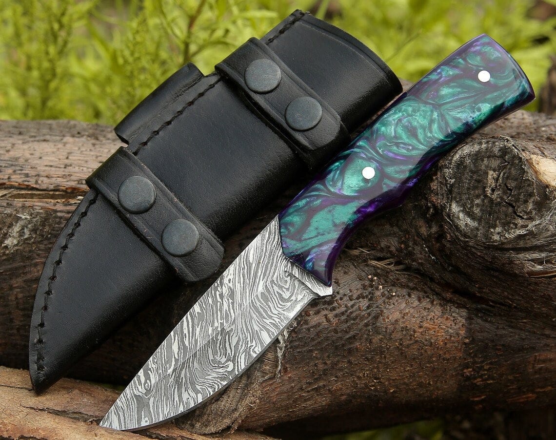KBS Knives Store Hunting Knife Custom Handmade Damascus Steel Hunting Knife with Epoxy Resin Handle and Leather Sheath - 8.5 Inches by KBS Knives Store