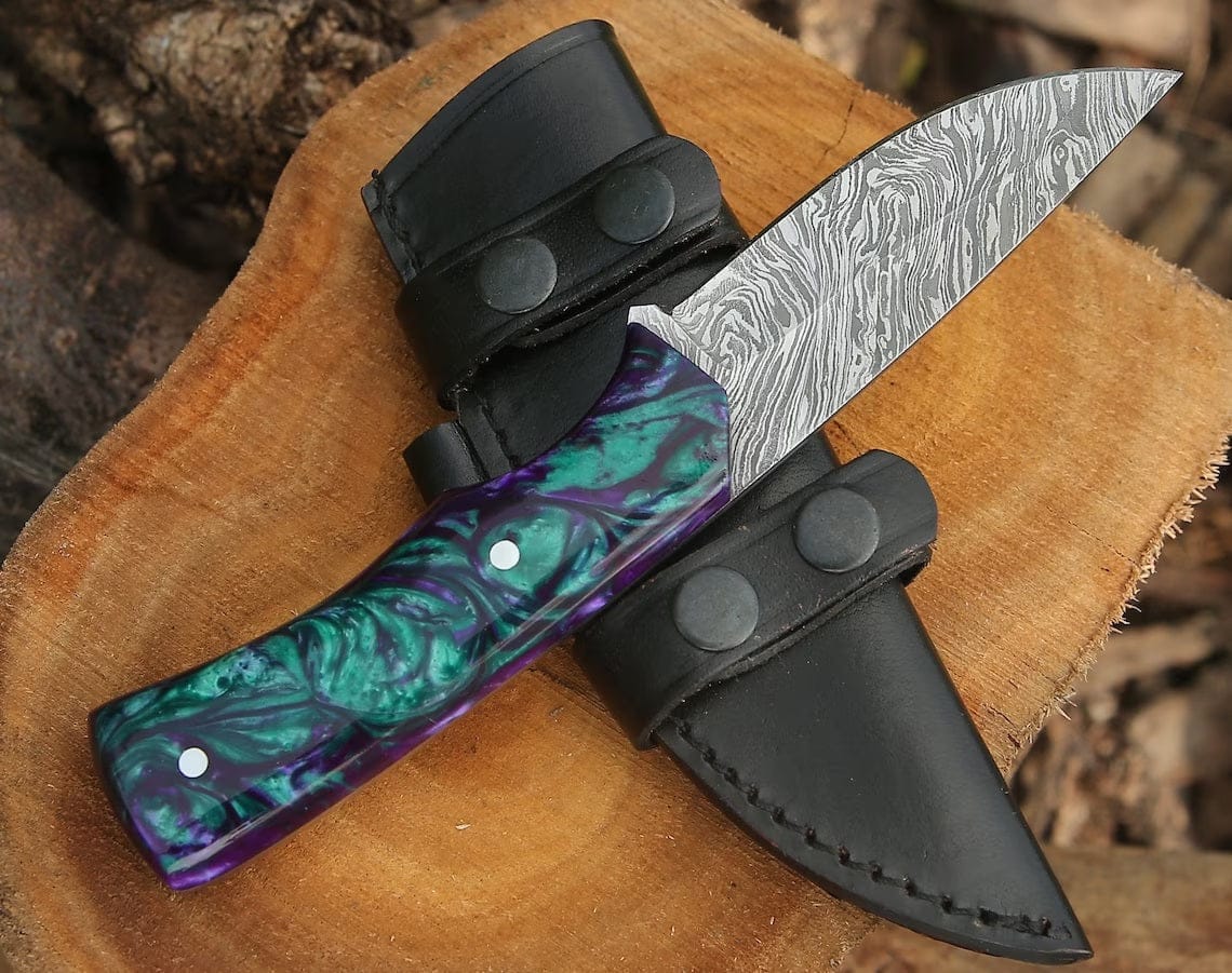 KBS Knives Store Hunting Knife Custom Handmade Damascus Steel Hunting Knife with Epoxy Resin Handle and Leather Sheath - 8.5 Inches by KBS Knives Store