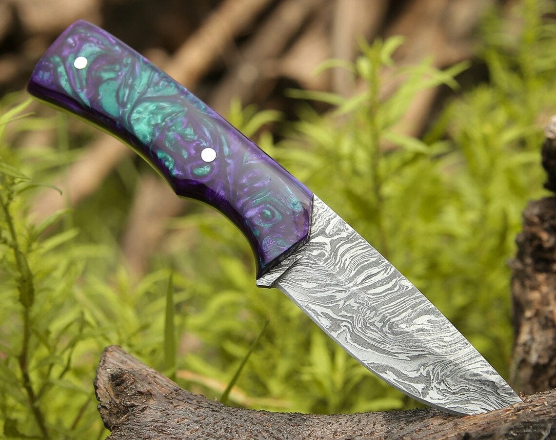 KBS Knives Store Hunting Knife Custom Handmade Damascus Steel Hunting Knife with Epoxy Resin Handle and Leather Sheath - 8.5 Inches by KBS Knives Store