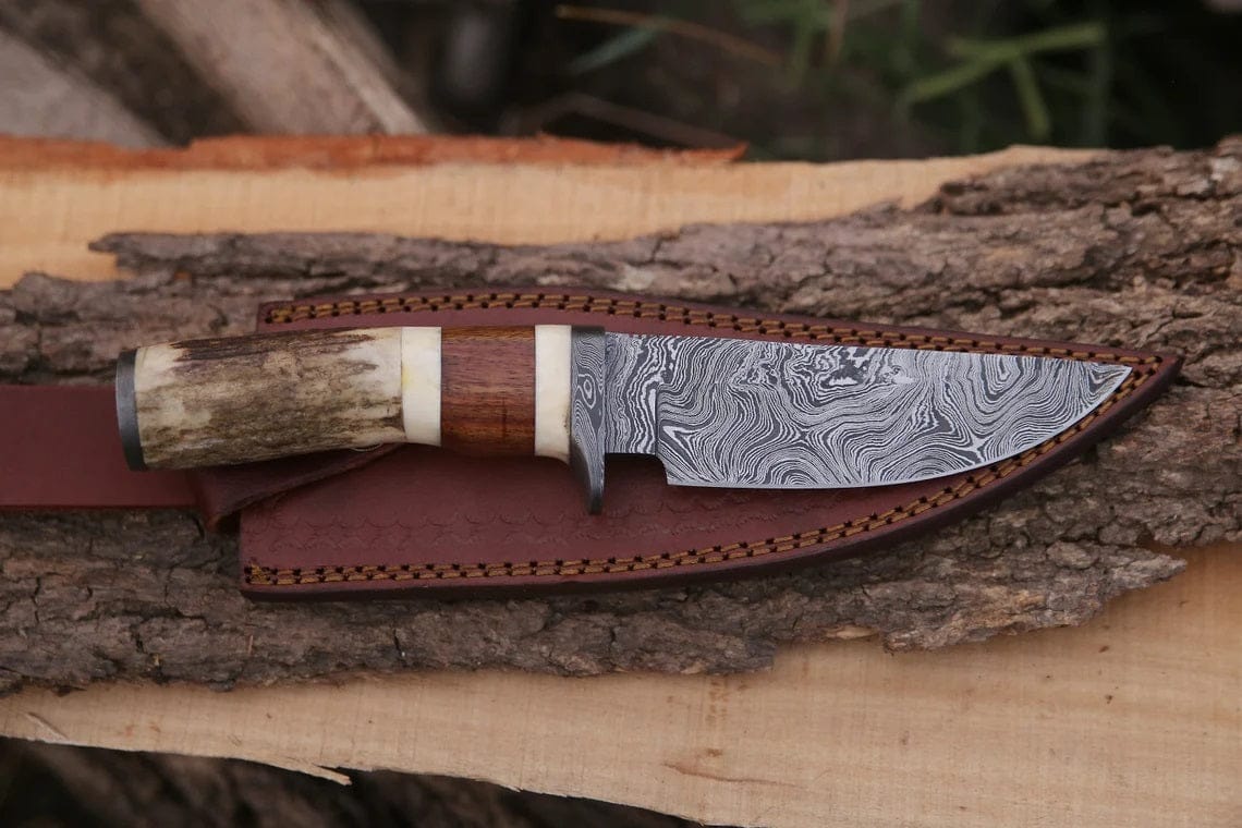 KBS Knives Store Hunting Knife Custom Handmade Damascus Steel Hunting Knife with Rosewood, Stag Horn, Bone and Damascus Guard Handle