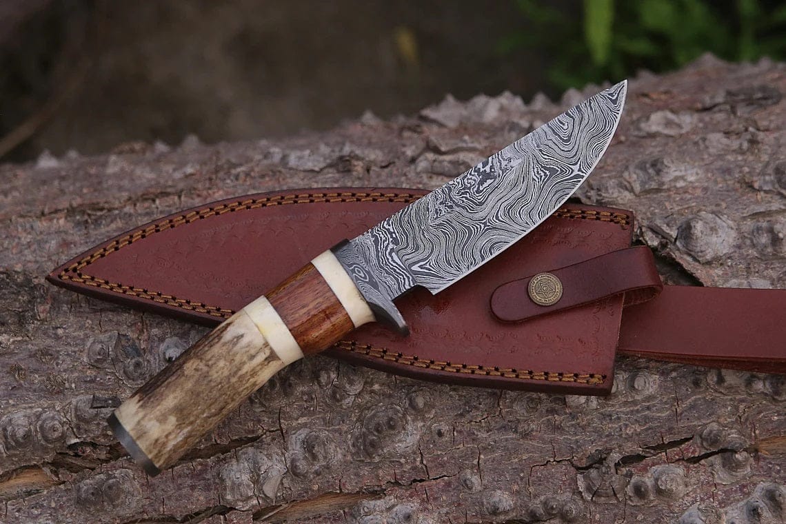 KBS Knives Store Hunting Knife Custom Handmade Damascus Steel Hunting Knife with Rosewood, Stag Horn, Bone and Damascus Guard Handle