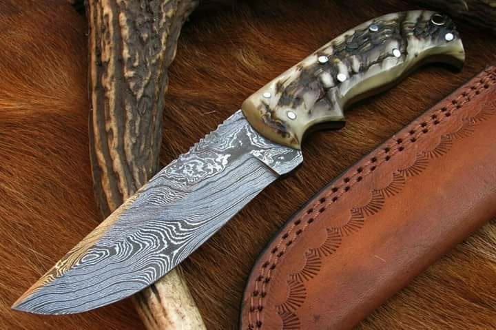 KBS Knives Store Hunting Knife Custom Handmade Deer Hunting Knife with Damascus Steel Blade