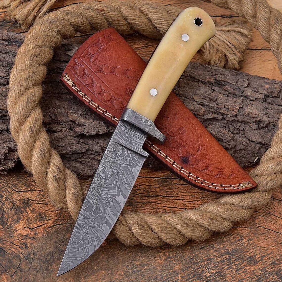 KBS Knives Store Hunting Knife Custom Handmade Full Tang Hunting Knife with Fire Pattern Damascus Steel Blade, Bone Handle, and Leather Sheath - 8.75 Inches