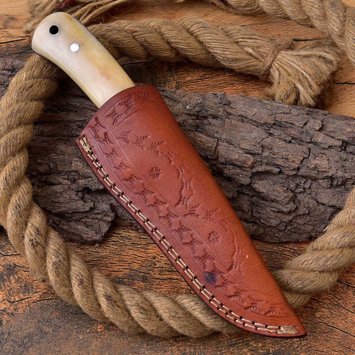 KBS Knives Store Hunting Knife Custom Handmade Full Tang Hunting Knife with Fire Pattern Damascus Steel Blade, Bone Handle, and Leather Sheath - 8.75 Inches