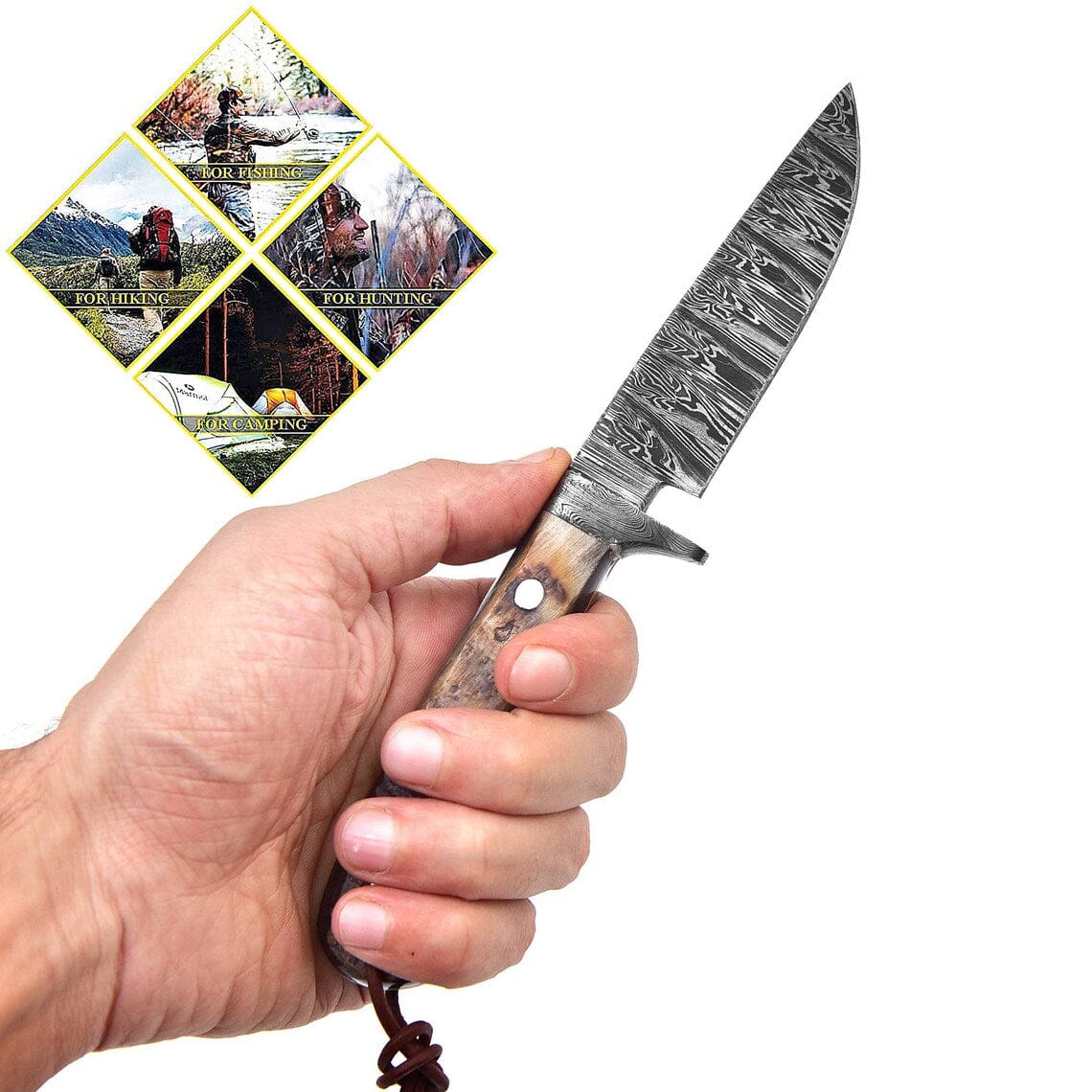 KBS Knives Store Hunting Knife Custom Handmade Hunting Knife with Fire Pattern Damascus Steel Blade and Sheep Horn Handle, 8.25-Inch Overall Length with Leather Sheath