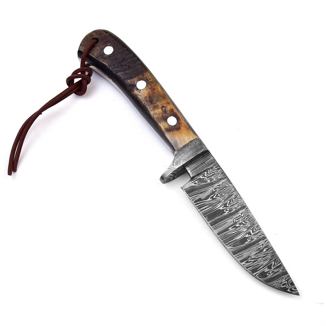 KBS Knives Store Hunting Knife Custom Handmade Hunting Knife with Fire Pattern Damascus Steel Blade and Sheep Horn Handle, 8.25-Inch Overall Length with Leather Sheath
