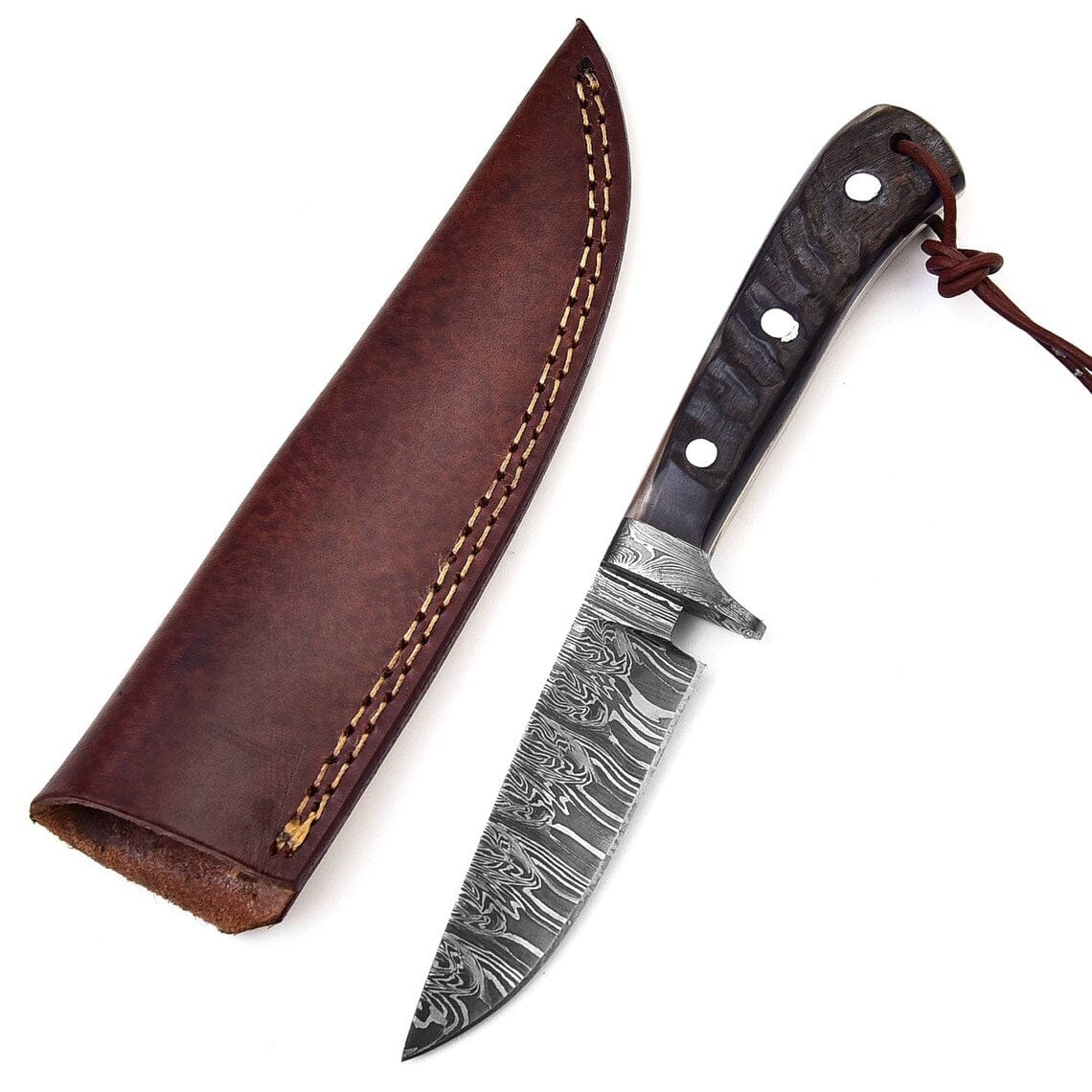 KBS Knives Store Hunting Knife Custom Handmade Hunting Knife with Fire Pattern Damascus Steel Blade and Sheep Horn Handle, 8.25-Inch Overall Length with Leather Sheath