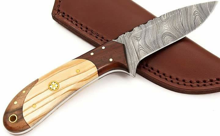 KBS Knives Store Hunting Knife Custom Handmade Small Hunting Knife in Damascus Steel with Olivewood and Rosewood Handle