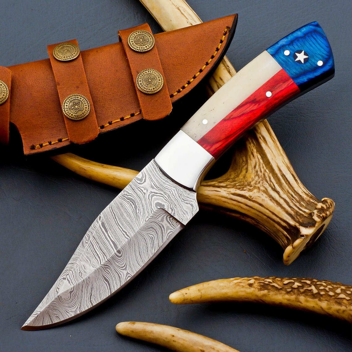 KBS Knives Store Hunting Knife "Custom Handmade Texas Flag Damascus Steel Hunting Knife | Exotic Wood-Bone Texas Flag Handle | 9 Inches | Leather Sheath | KBS Knives Store"