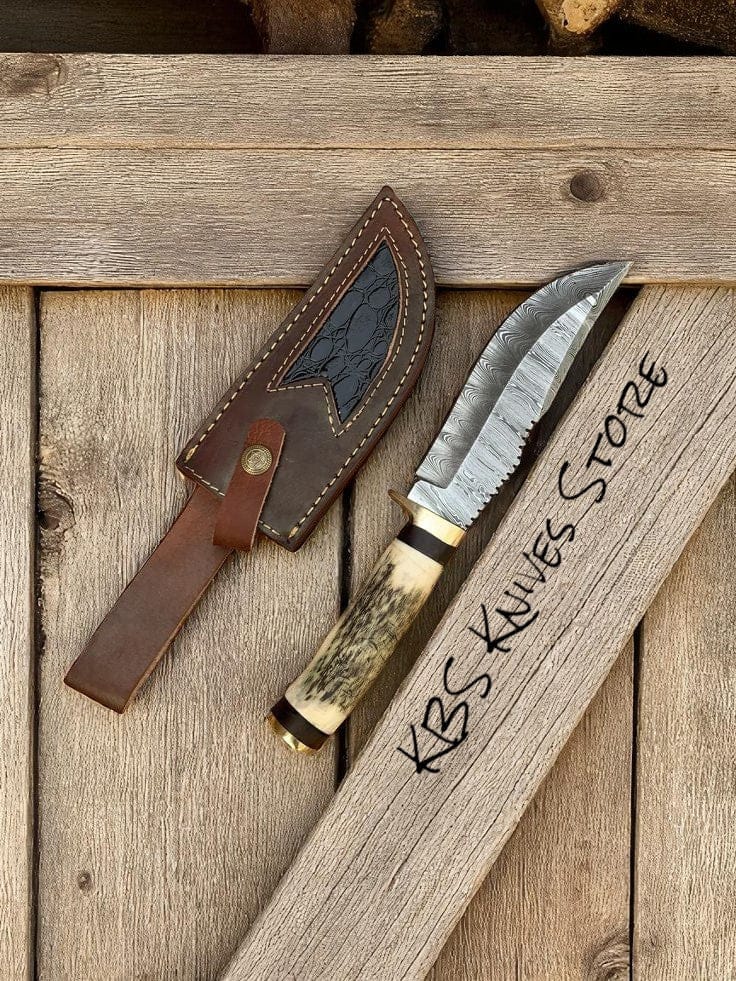 KBS Knives Store Hunting Knife Damascus Hunting Knife – 10" Blade with Antler Horn Handle & Brass Guard