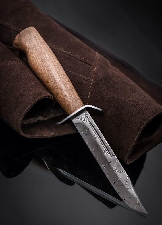 KBS Knives Store Hunting Knife Damascus Hunting Knife for Sale - Damascus Steel Blade with Blood Groove, Walnut Wood Handle, Steel Guard, Leather Sheath - KBS Knives Store