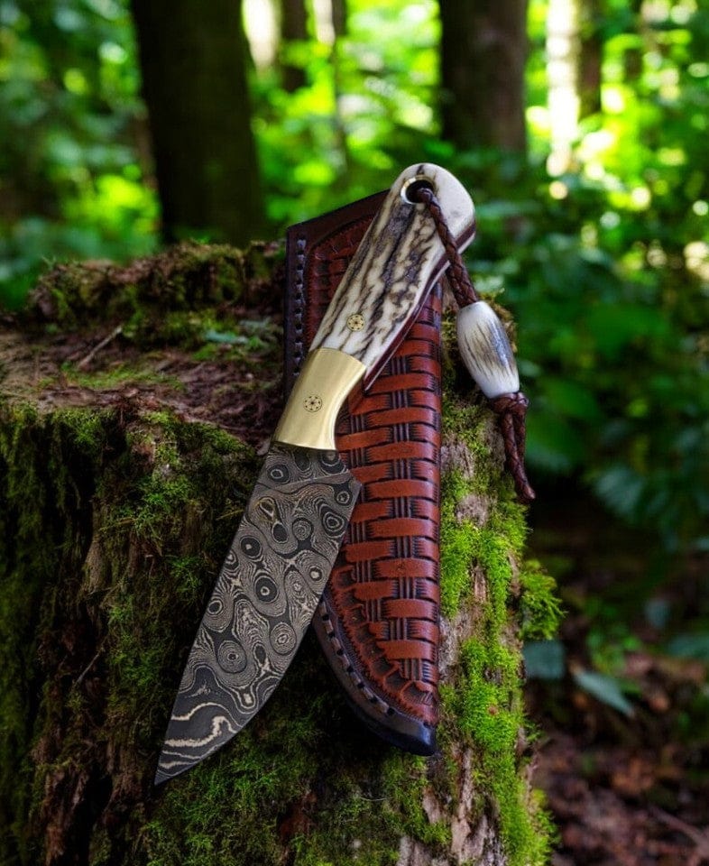 KBS Knives Store Hunting Knife Damascus Steel Knife Hunting Raindrop Blade & Antler Handle