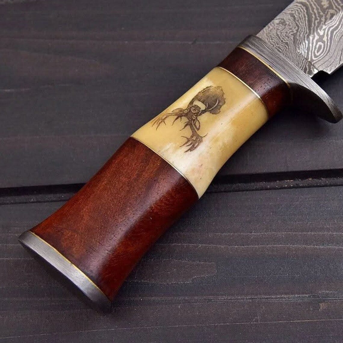 KBS Knives Store Hunting Knife "Exquisite Custom Handmade Damascus Hunting Knife | Engraved Bone-Rose Wood Handle | 10 Inches | Leather Sheath | KBS Knives Store"