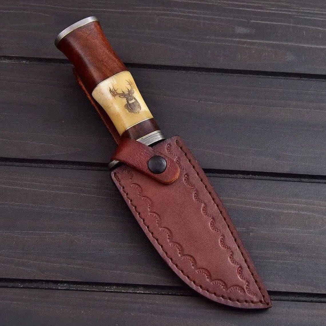 KBS Knives Store Hunting Knife "Exquisite Custom Handmade Damascus Hunting Knife | Engraved Bone-Rose Wood Handle | 10 Inches | Leather Sheath | KBS Knives Store"