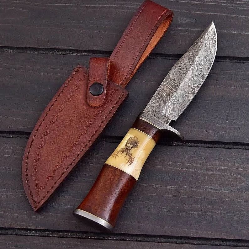 KBS Knives Store Hunting Knife "Exquisite Custom Handmade Damascus Hunting Knife | Engraved Bone-Rose Wood Handle | 10 Inches | Leather Sheath | KBS Knives Store"