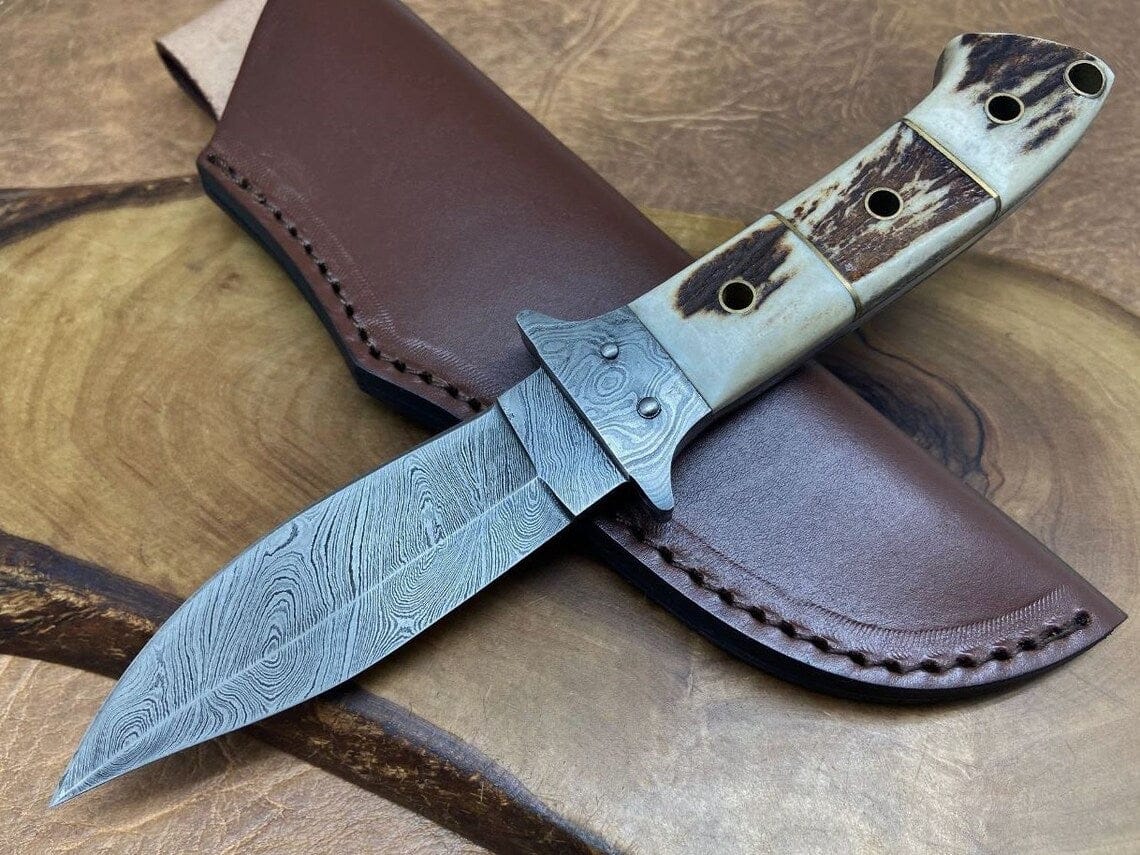 KBS Knives Store Hunting Knife "Exquisite Custom Handmade Damascus Hunting Knife | Stag Horn Handle | 8.5 Inches | Leather Sheath | KBS Knives Store"