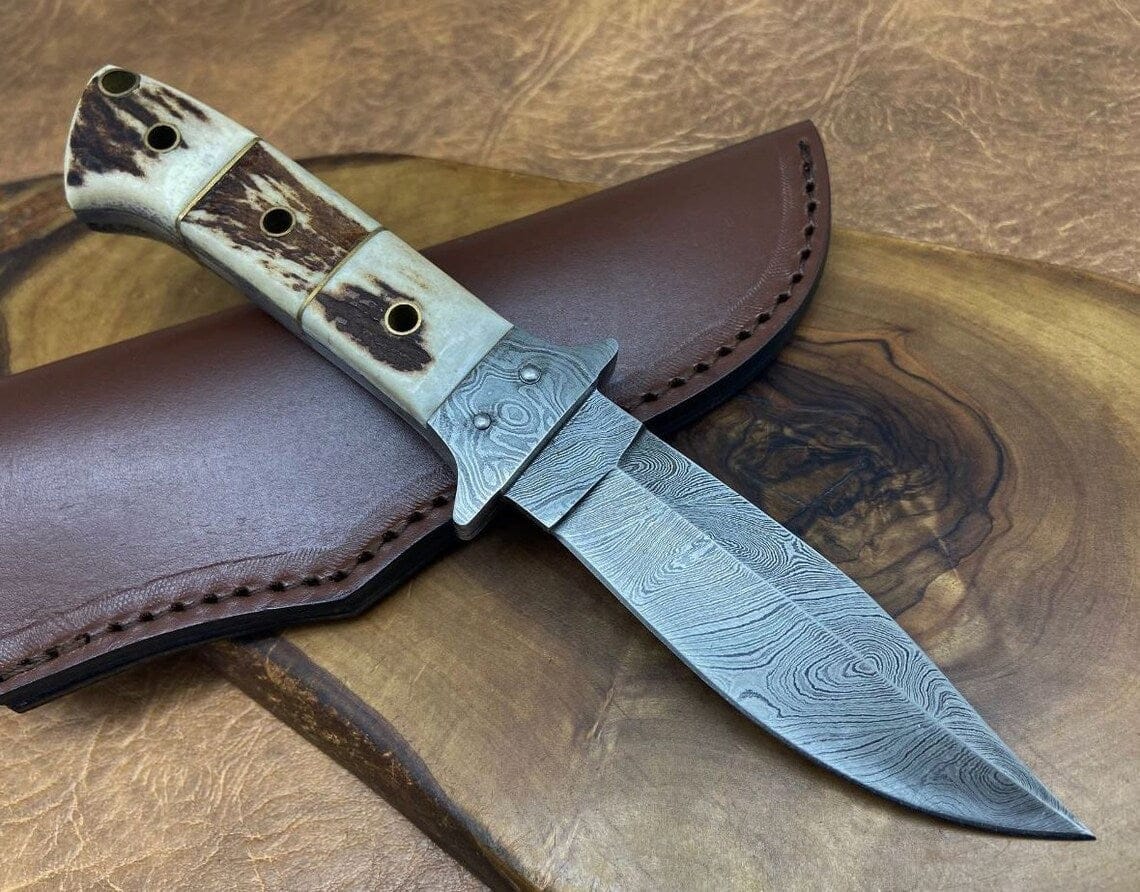 KBS Knives Store Hunting Knife "Exquisite Custom Handmade Damascus Hunting Knife | Stag Horn Handle | 8.5 Inches | Leather Sheath | KBS Knives Store"