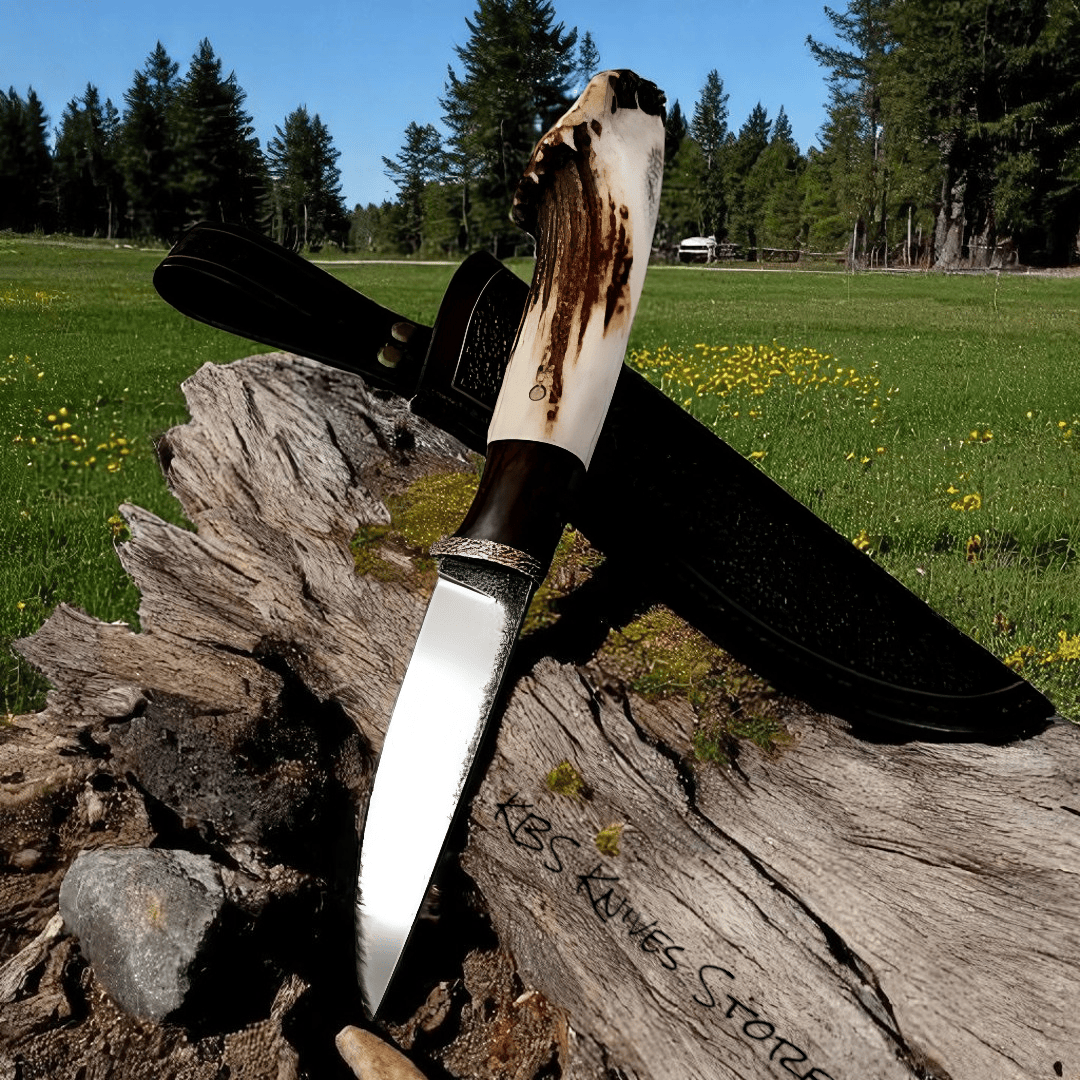 KBS Knives Store Hunting Knife Field Slasher – Best Hunting Knife with 1095 Steel Blade, Rosewood & Antler Horn Handle