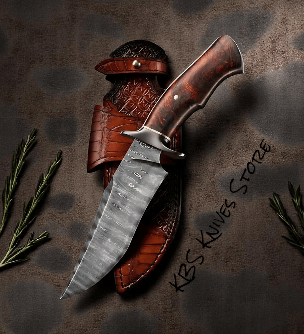 KBS Knives Store Hunting Knife Fixed Blade – Hunting Knife with 7" Damascus Steel Blade & Burl Rosewood Handle