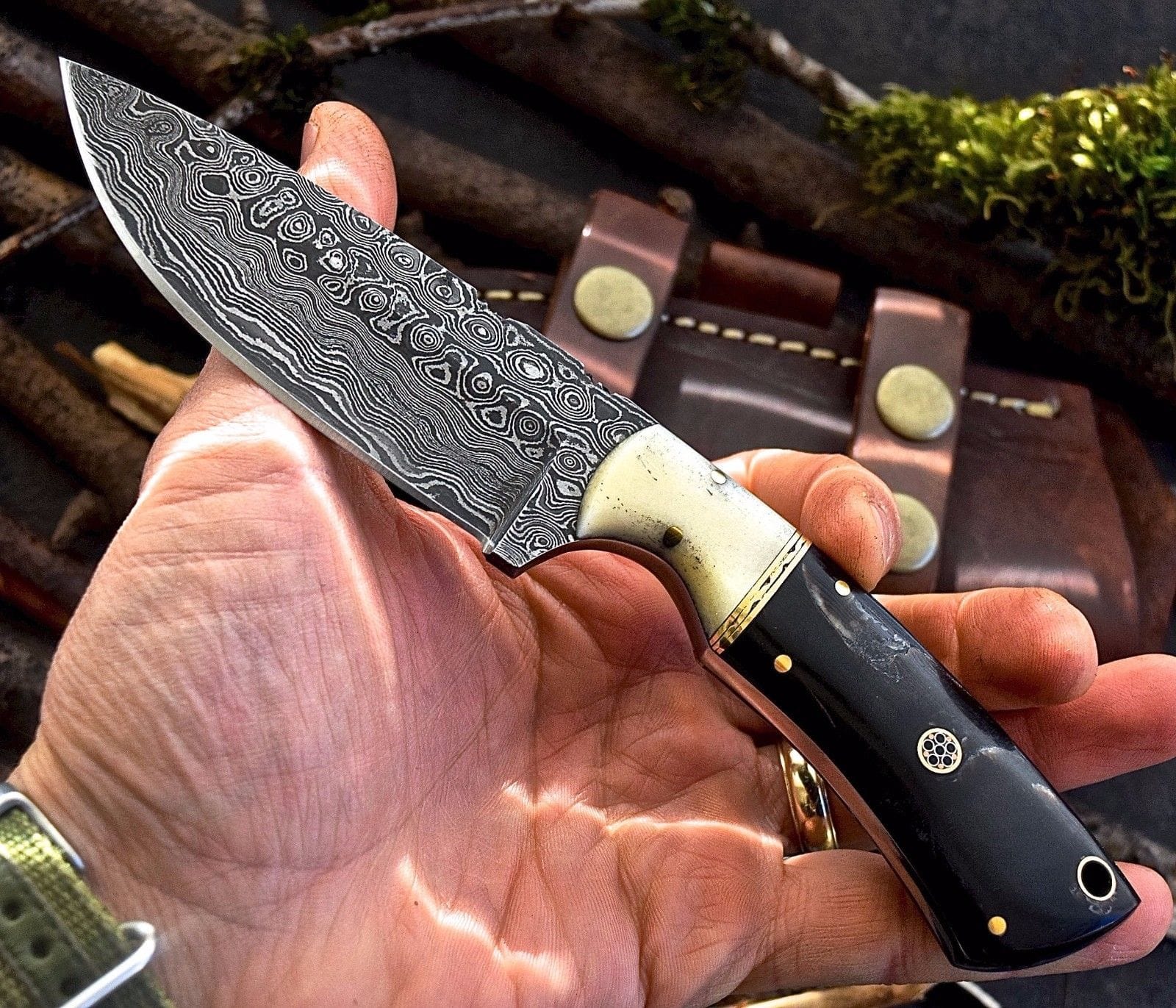 KBS Knives Store Hunting Knife Full Tang Custom Handmade Raindrop Damascus Steel Hunting Knife