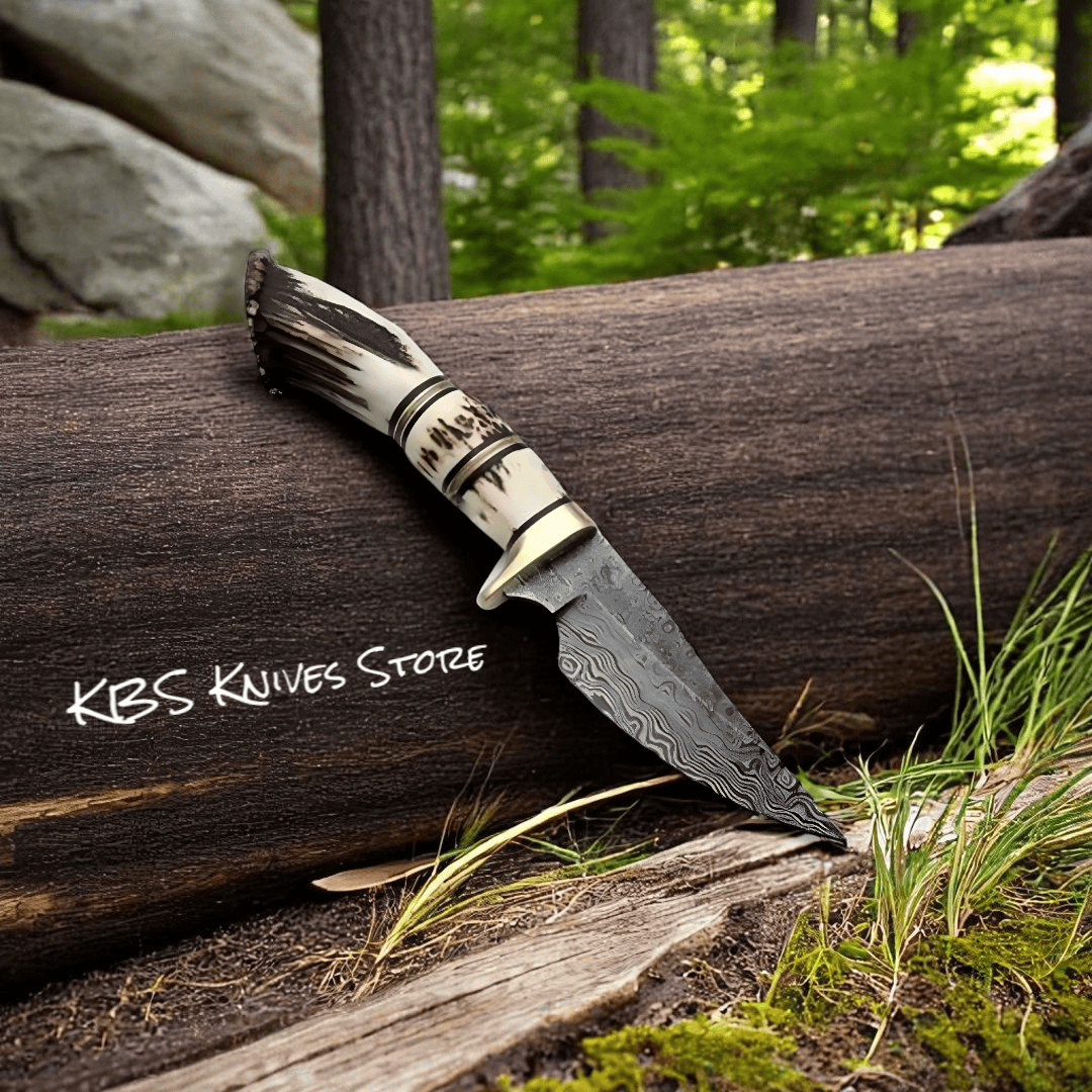 KBS Knives Store Hunting Knife Game Dresser – Best Deer Knife with Damascus Steel Blade & Antler Horn Handle