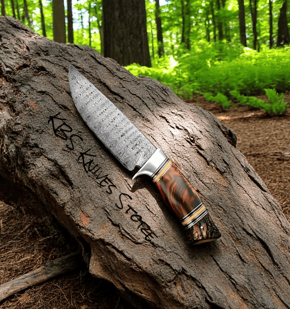 KBS Knives Store Hunting Knife Good Hunting Knife – 11" Damascus Steel Blade with Rosewood & Antler Horn Handle