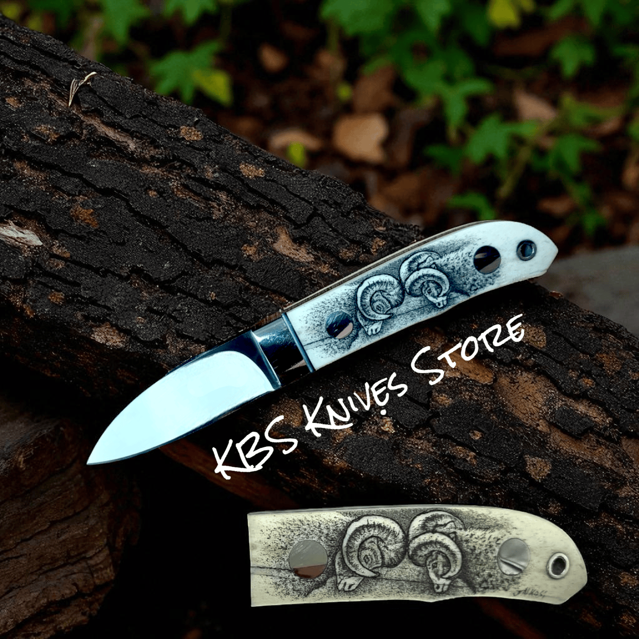 KBS Knives Store Hunting Knife Hand-Engraved Scrimshaw EDC Knife – 6.1" D2 Steel with Camel Bone Handle & Leather Sheath