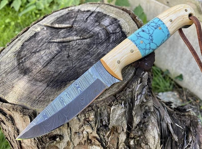 KBS Knives Store Hunting Knife Handcrafted Damascus Hunting Knife with Olive Wood and Resin Handle by KBS Knives Store