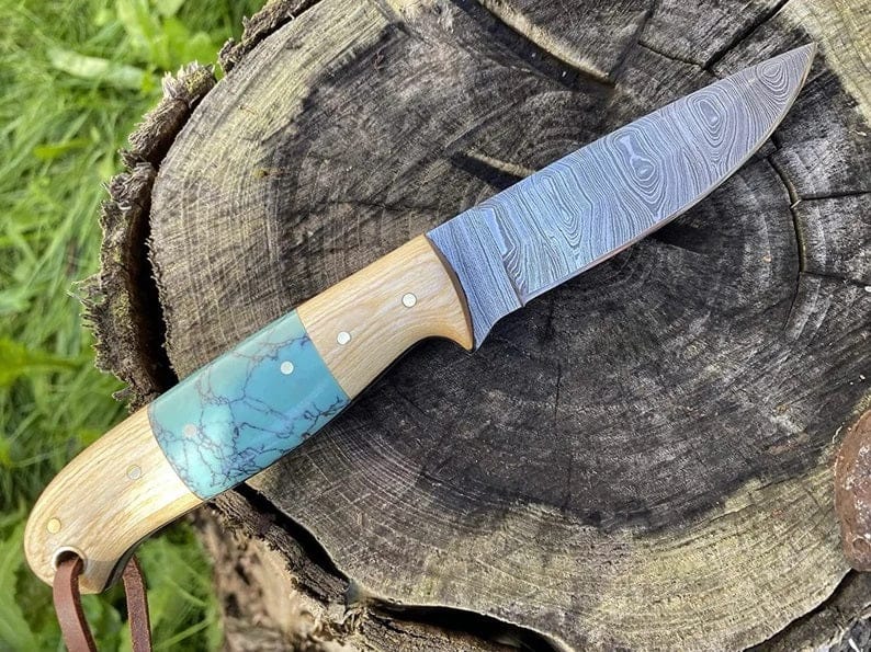 KBS Knives Store Hunting Knife Handcrafted Damascus Hunting Knife with Olive Wood and Resin Handle by KBS Knives Store