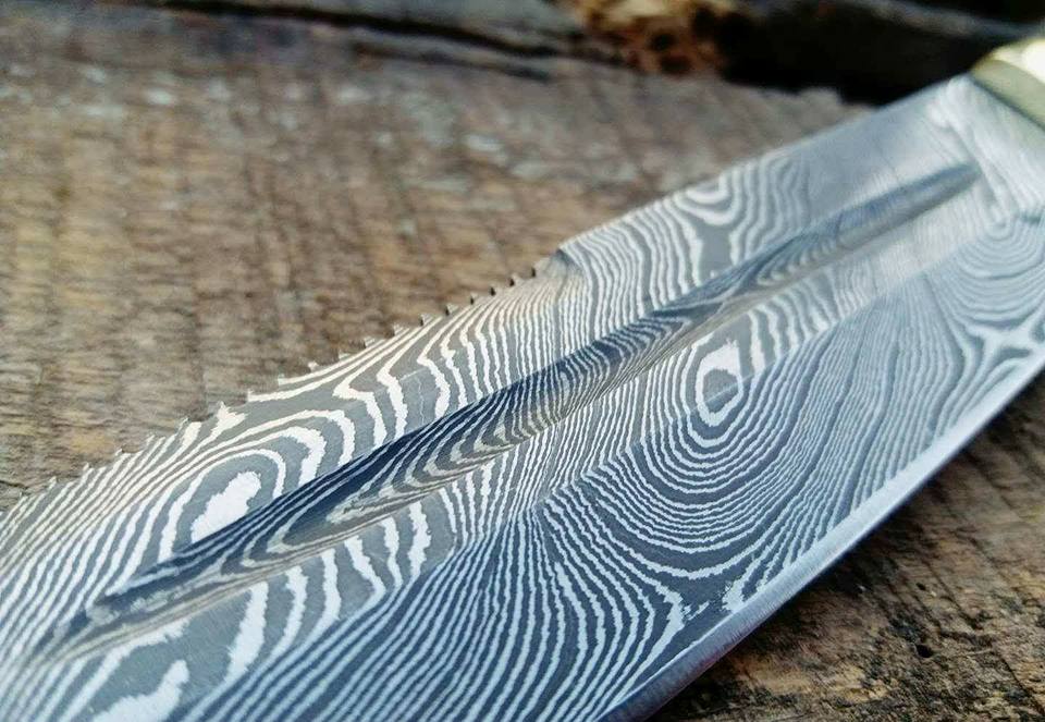 KBS Knives Store Hunting Knife Handcrafted Tanto Hunting Knife in Damascus Steel with Blood Groove