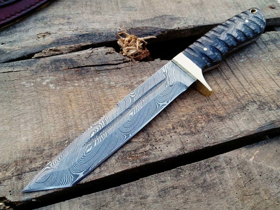 KBS Knives Store Hunting Knife Handcrafted Tanto Hunting Knife in Damascus Steel with Blood Groove