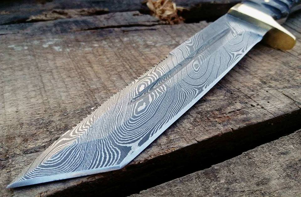 KBS Knives Store Hunting Knife Handcrafted Tanto Hunting Knife in Damascus Steel with Blood Groove