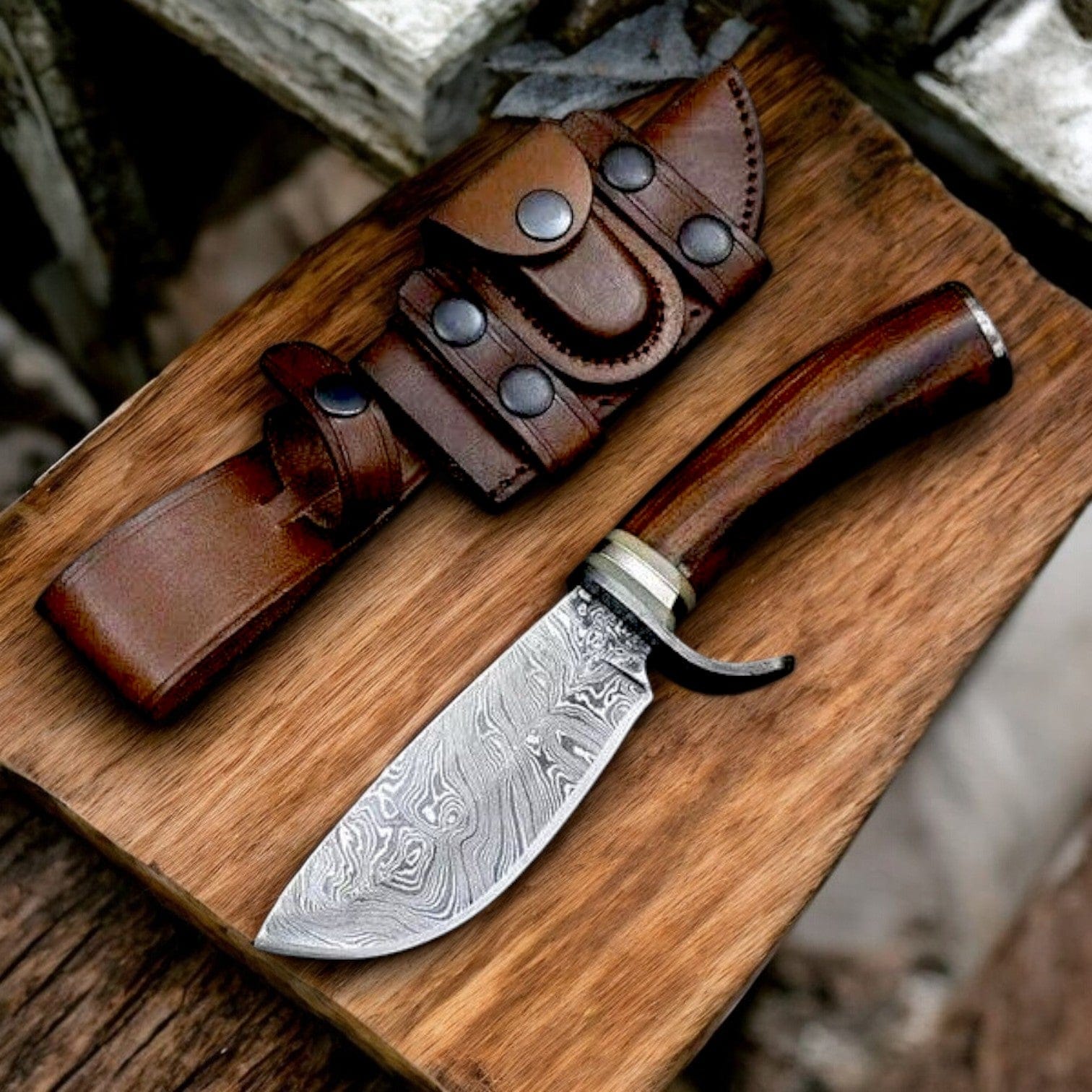 KBS Knives Store Hunting Knife Hunting Big Knife – 9" Full Tang Damascus Steel with Rosewood, Bone & Brass Spacer Handl