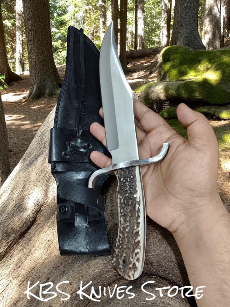 KBS Knives Store Hunting Knife Hunting Knife – 12" D2 Steel Blade with Antler Horn Handle & Steel Guard