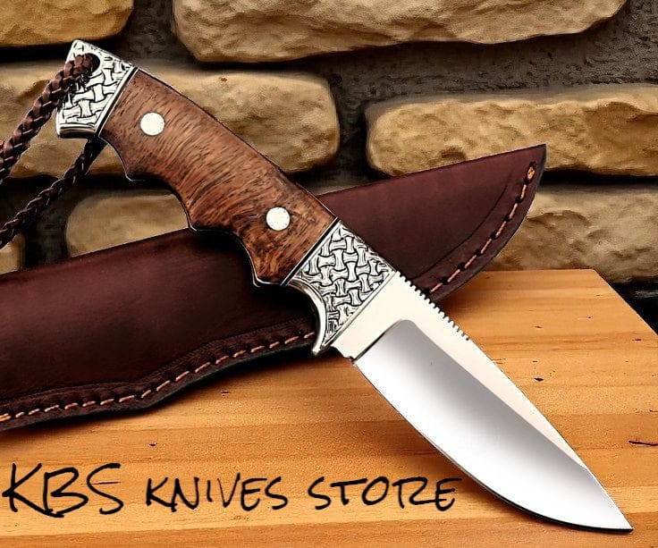 KBS Knives Store Hunting Knife Hunting Skinning Knife – 9" D2 Steel Blade with Burl Rosewood Handle & Engraved Bolsters