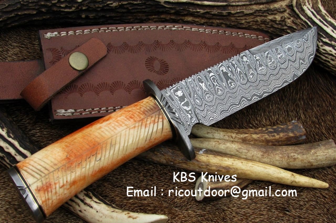 KBS Knives Store Hunting Knife KBS Knives: Custom Handmade Damascus Hunting Knife | 12 Inches | Colored Camel Bone Handle