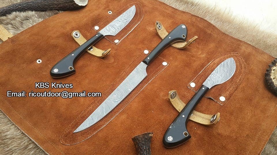 KBS Knives Store Hunting Knife Outdoor Edge Knife Sets – 3-Piece Damascus Steel Hunting Kit with Buffalo Horn Handles