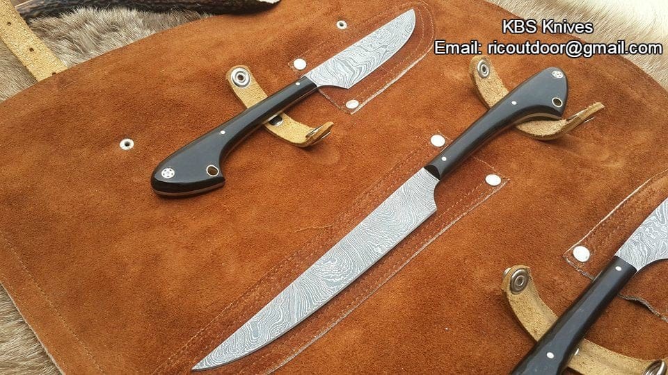 KBS Knives Store Hunting Knife Outdoor Edge Knife Sets – 3-Piece Damascus Steel Hunting Kit with Buffalo Horn Handles