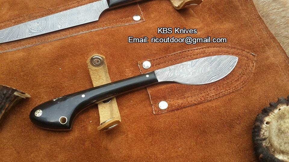 KBS Knives Store Hunting Knife Outdoor Edge Knife Sets – 3-Piece Damascus Steel Hunting Kit with Buffalo Horn Handles